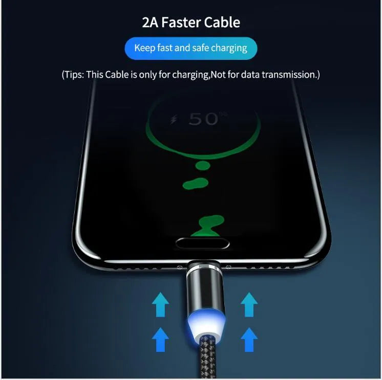 YBD magnetic LED charging cable with aluminium shell in black, showing three connector types and LED light