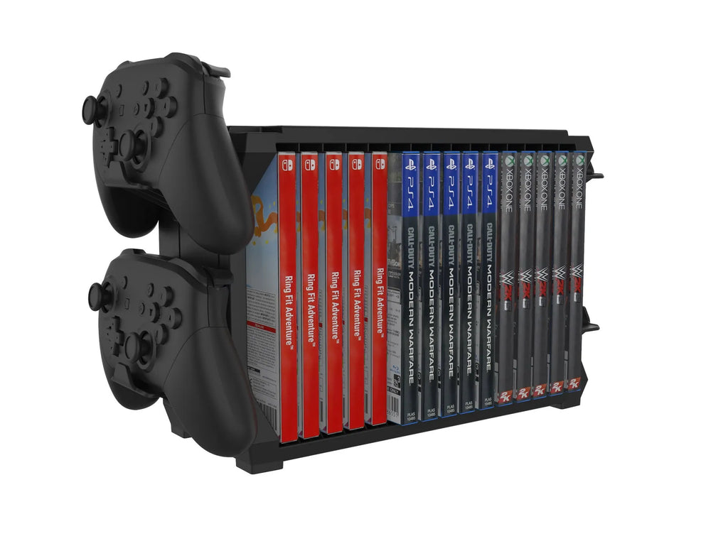 Black ABS plastic PS5 and Xbox Series X disc holder with slots for games and rests for four controllers.