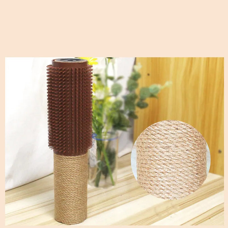Brown sisal cat scratching post on wood base measuring 30cm tall