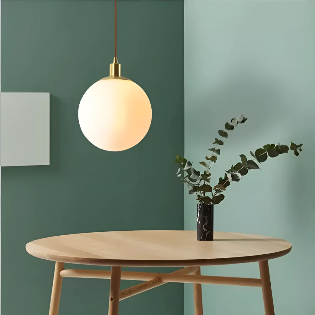 Milk white spherical glass ceiling lamp with copper fitting on ceiling, Nordic style, 15-30cm diameter options