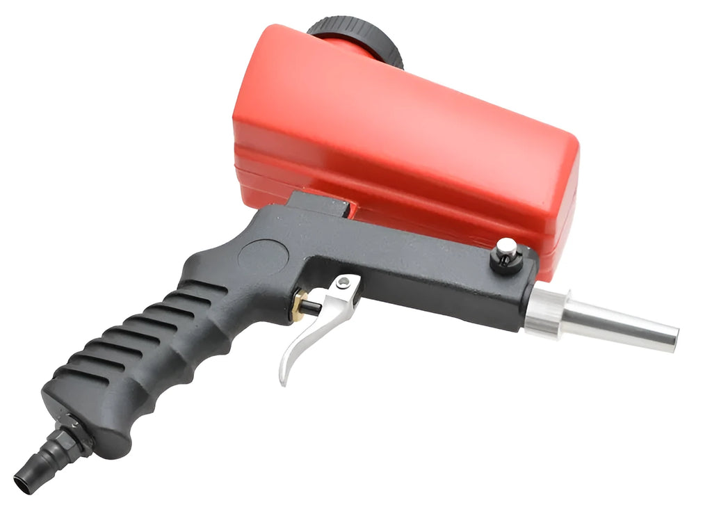 Portable pneumatic sandblasting gun with tank and 6.5mm nozzle in black or blue colours