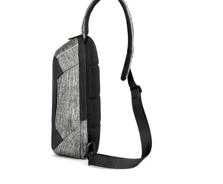 Dark blue waterproof oxford cloth chest bag showing front zipper and crossbody strap