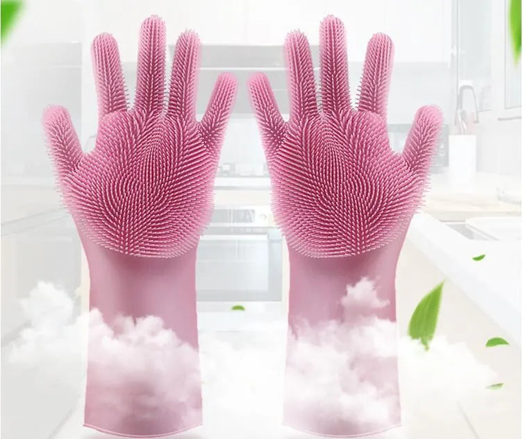Silicone heat-resistant cleaning gloves with sponge surface in various colour options