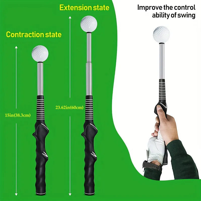 Telescopic golf swing trainer in stainless steel extended to full length
