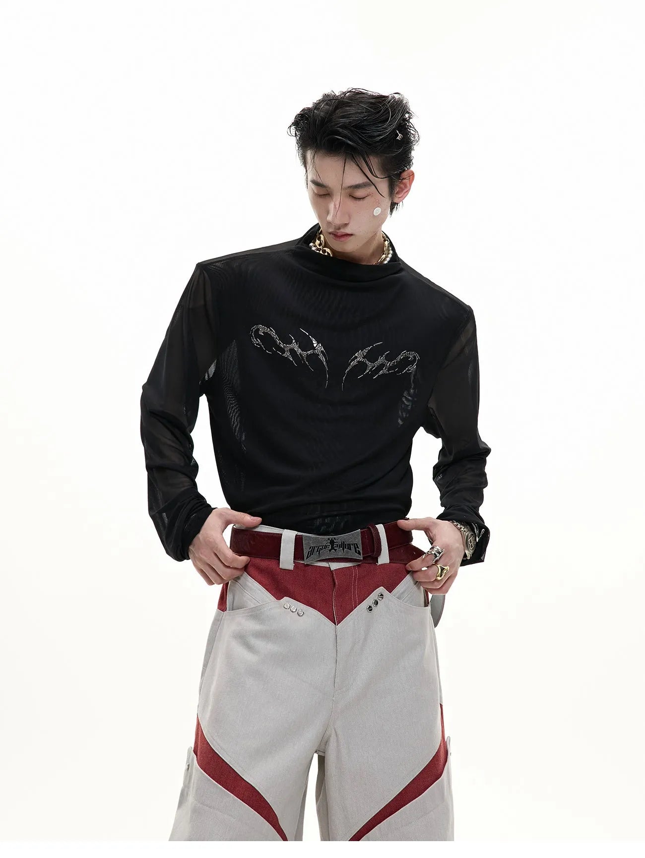 Men's black slim fit long sleeve top made from niche mesh ice-feel fabric.