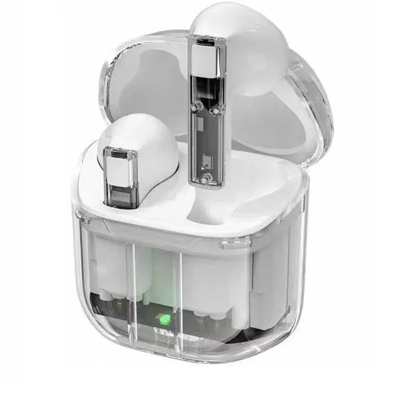 Space capsule transparent case Bluetooth earphones with digital display screen in five colour options