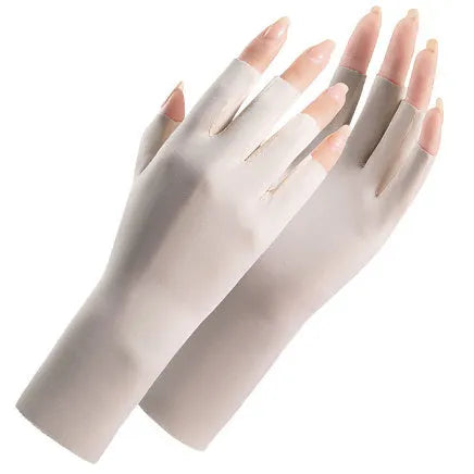 Women's thin nylon sunscreen gloves with ice silk cooling in various colours on a hand.