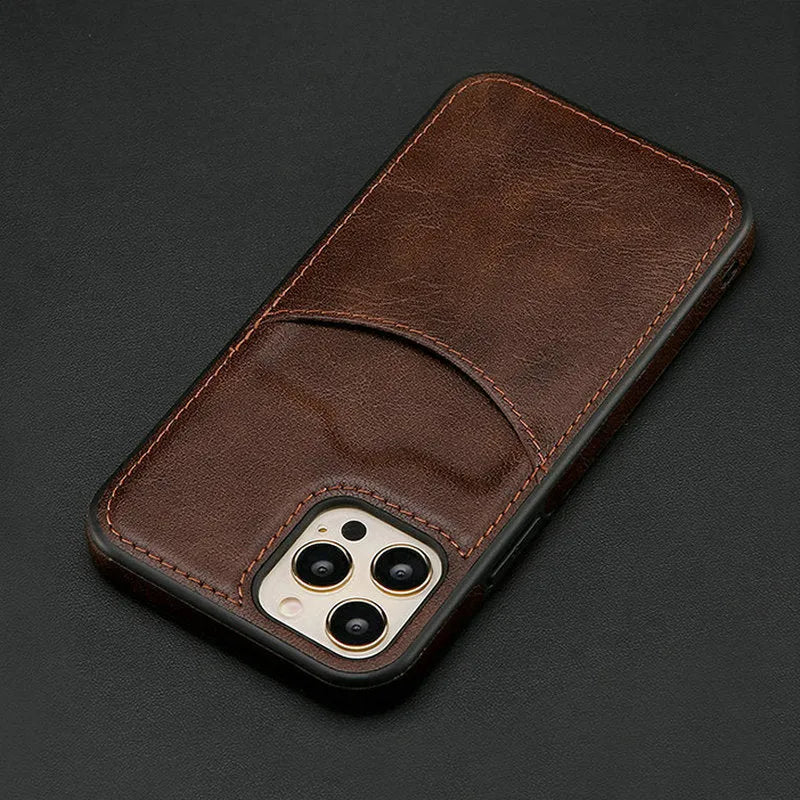 Dark blue PU leather protective iPhone case showing front and back views