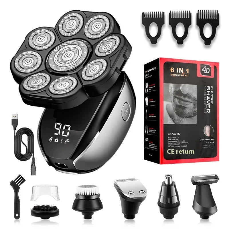 Black rechargeable 6-in-1 hair clippers shaver kit with LED display and multiple grooming attachments