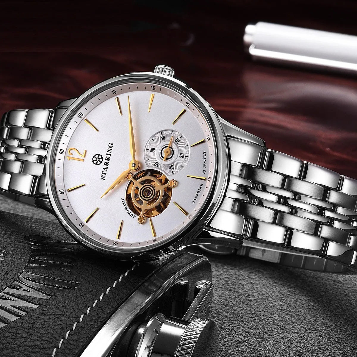Automatic mechanical men's waterproof business watch with sapphire crystal glass and genuine leather strap