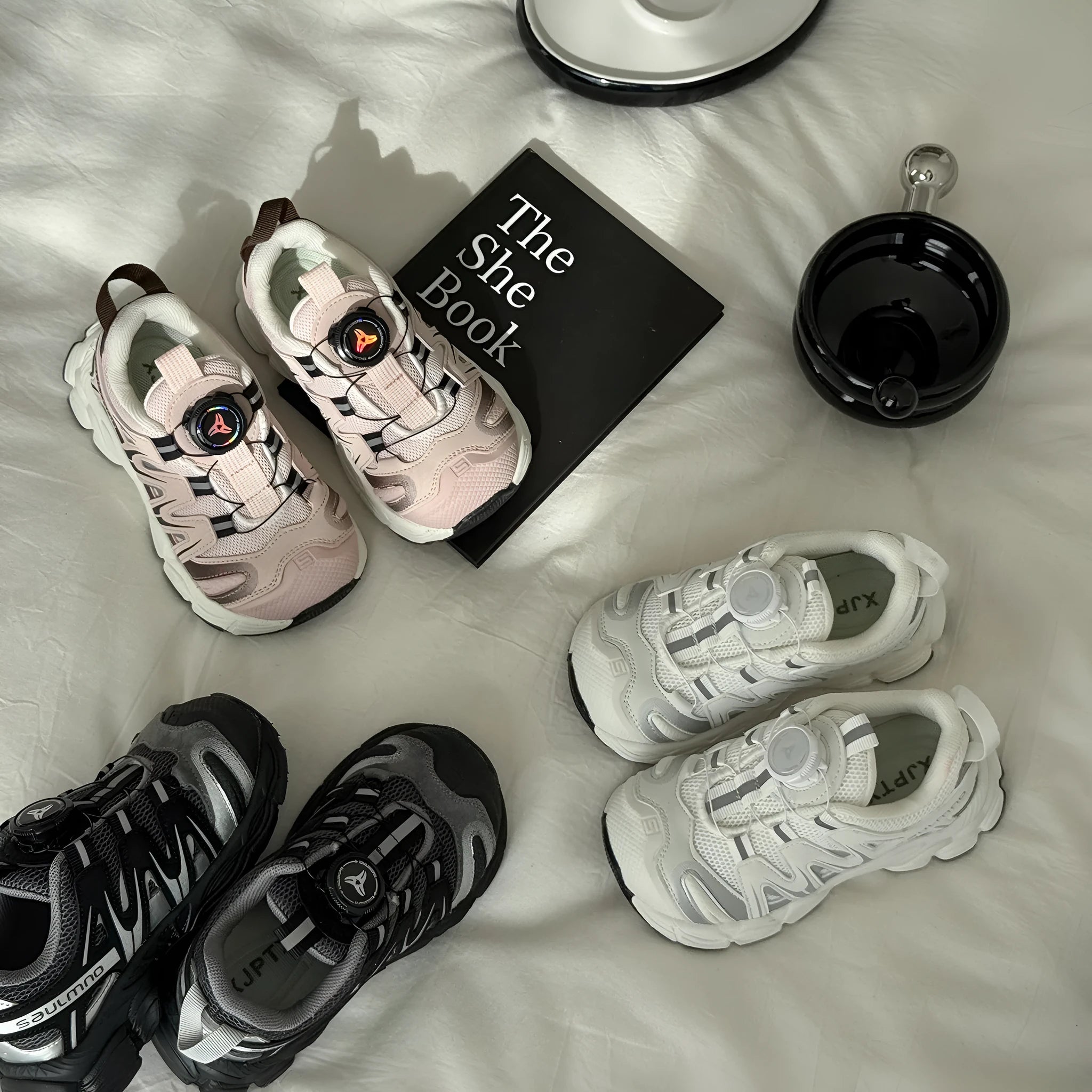 Lightweight breathable casual shoes in beige, black, and pink colours.
