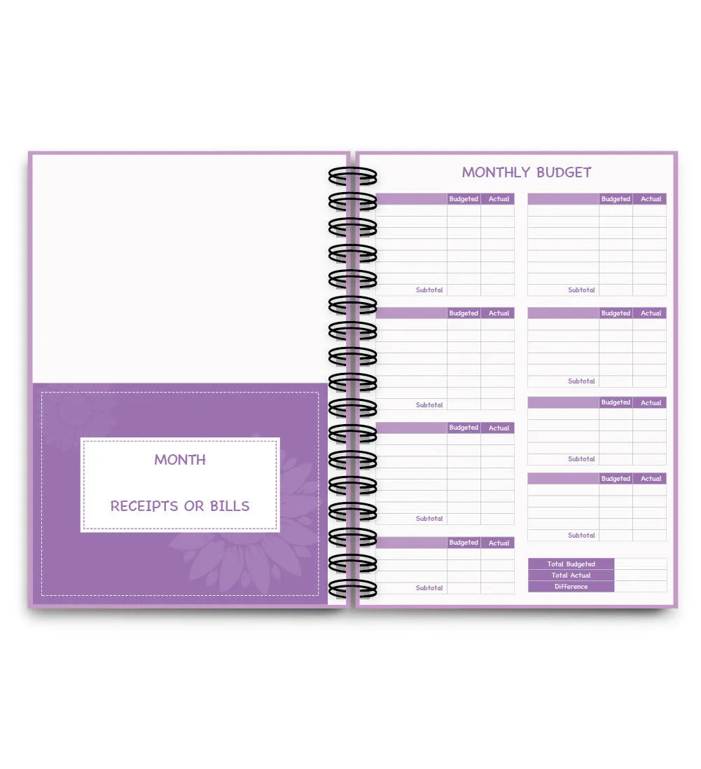Purple coil-bound financial planning notebook with A4 dimensions for monthly budgeting