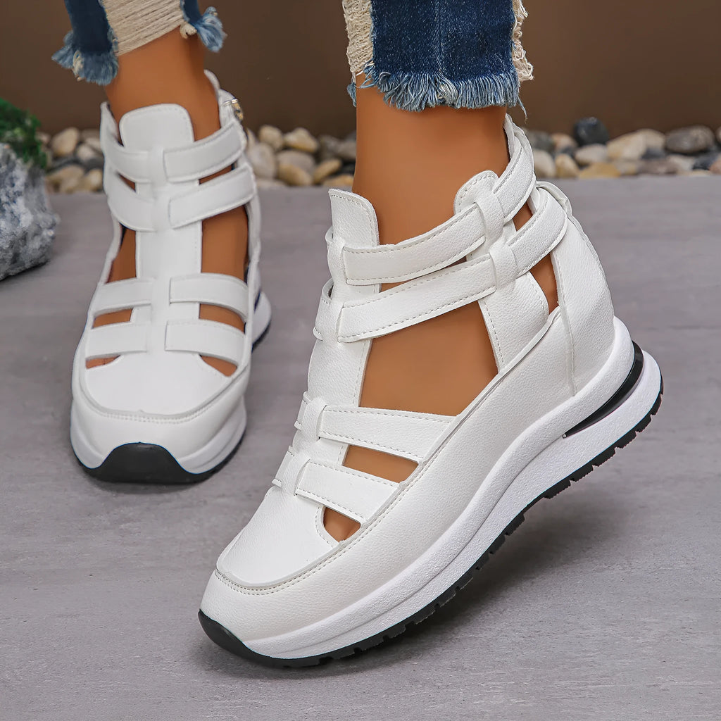 Women's black platform sandals with closed-toe hollow-out design and Velcro fastening