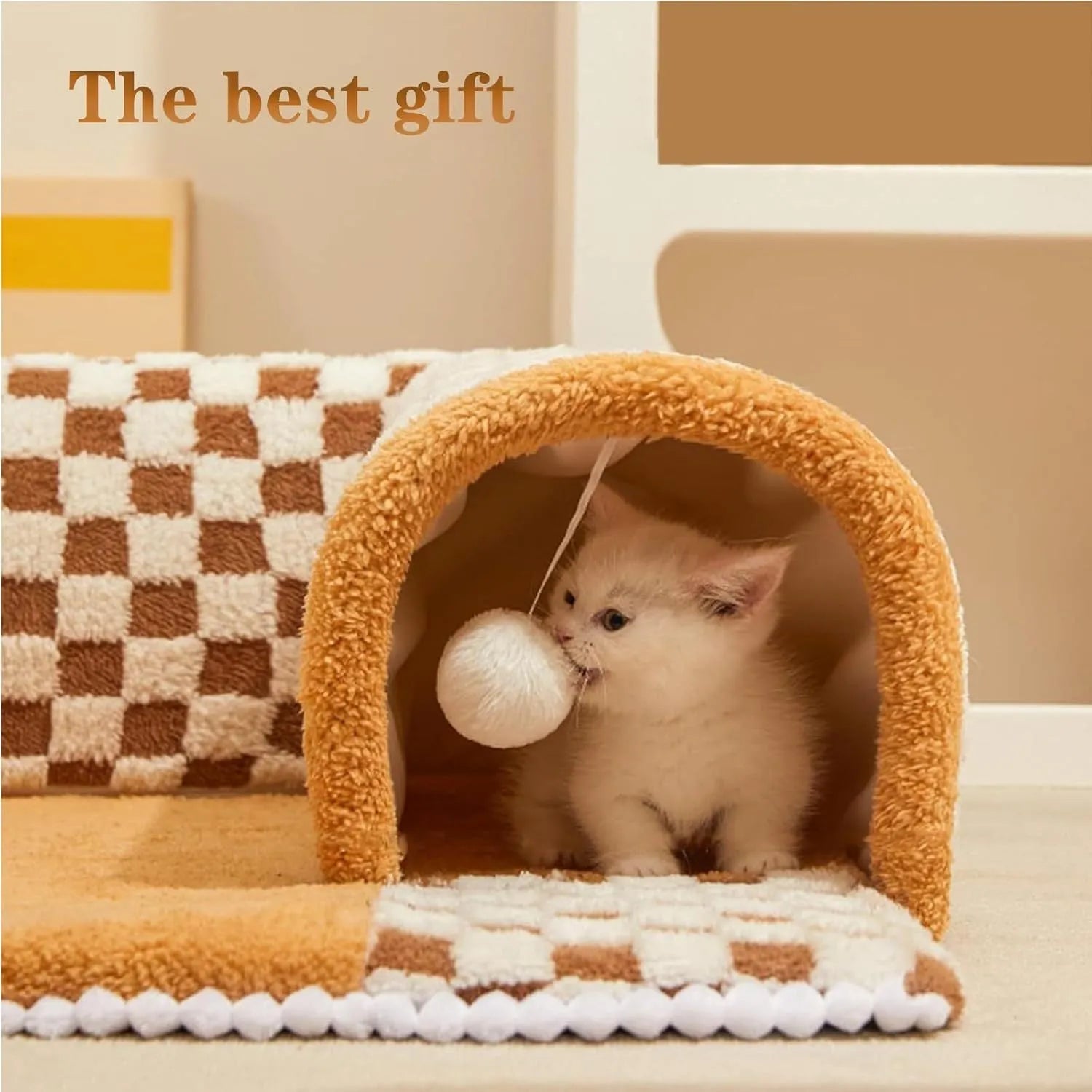 Plush plaid cat tunnel bed with central sleeping mat and non-slip bottom for indoor cats