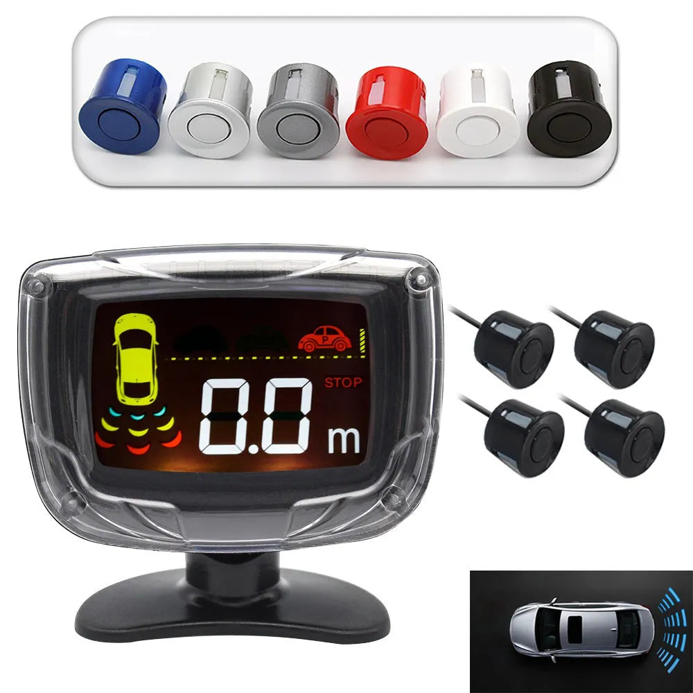 Wireless reversing sensor system with LED display unit and four embedded probes for vehicle obstacle detection