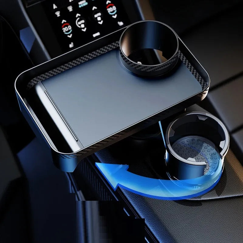 Black rotating car tray holder with detachable plate mounted in vehicle cup holder