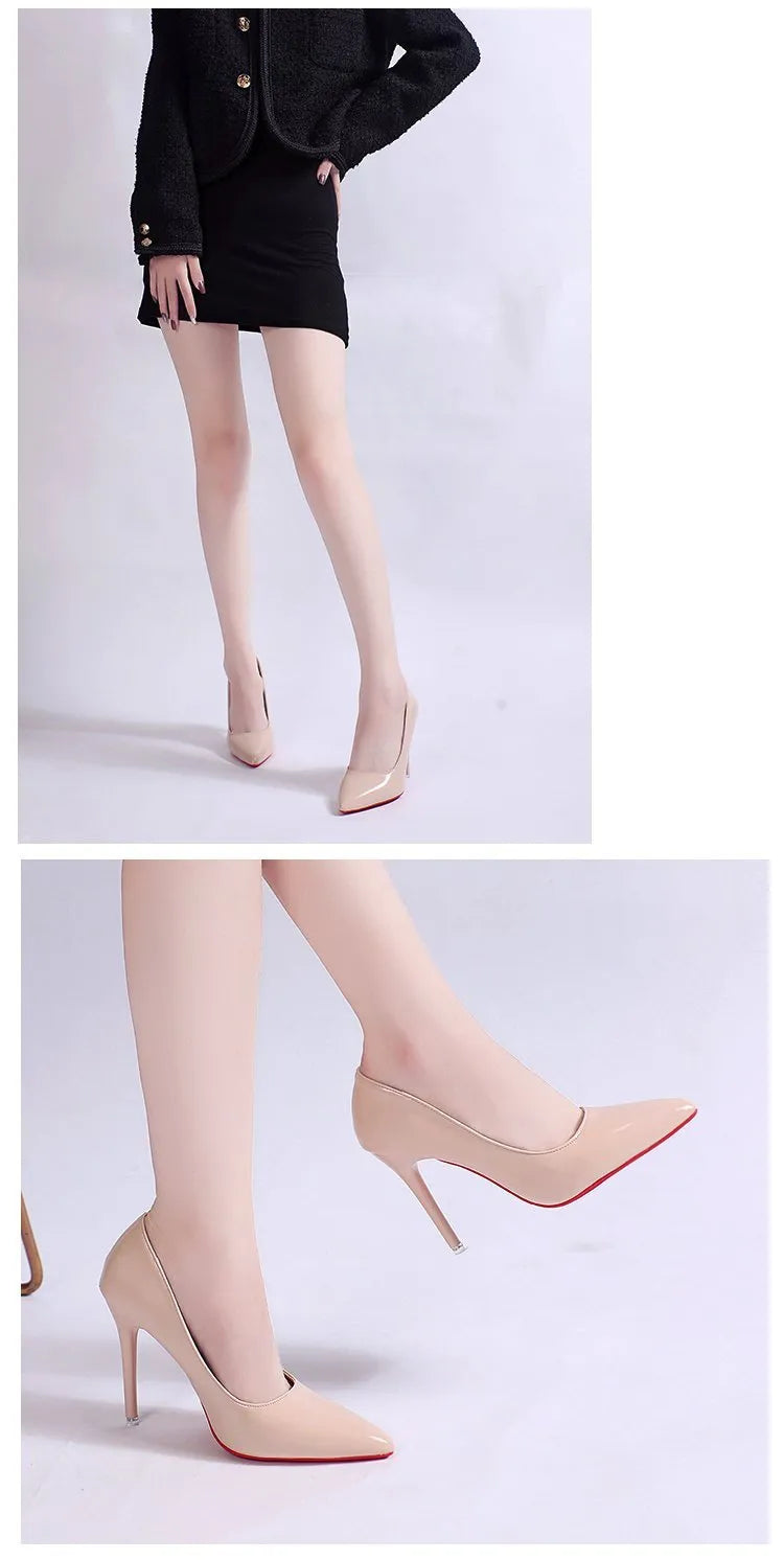 Solid colour women's pointed toe stiletto heel pump shoe in a choice of apricot, black, pink, or white.