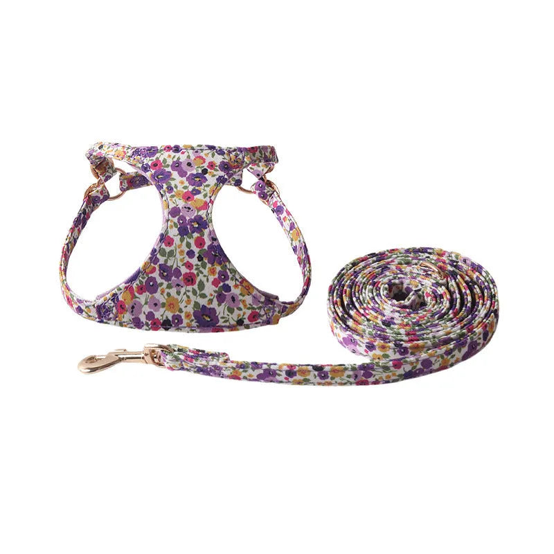 Floral series pet harness suit and leash set in cloth material with multiple colour options