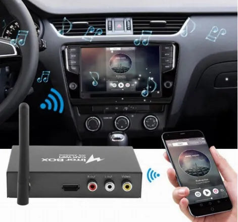 Black car Wi-Fi mirror converter box with cables for smartphone and tablet connectivity to vehicle entertainment systems