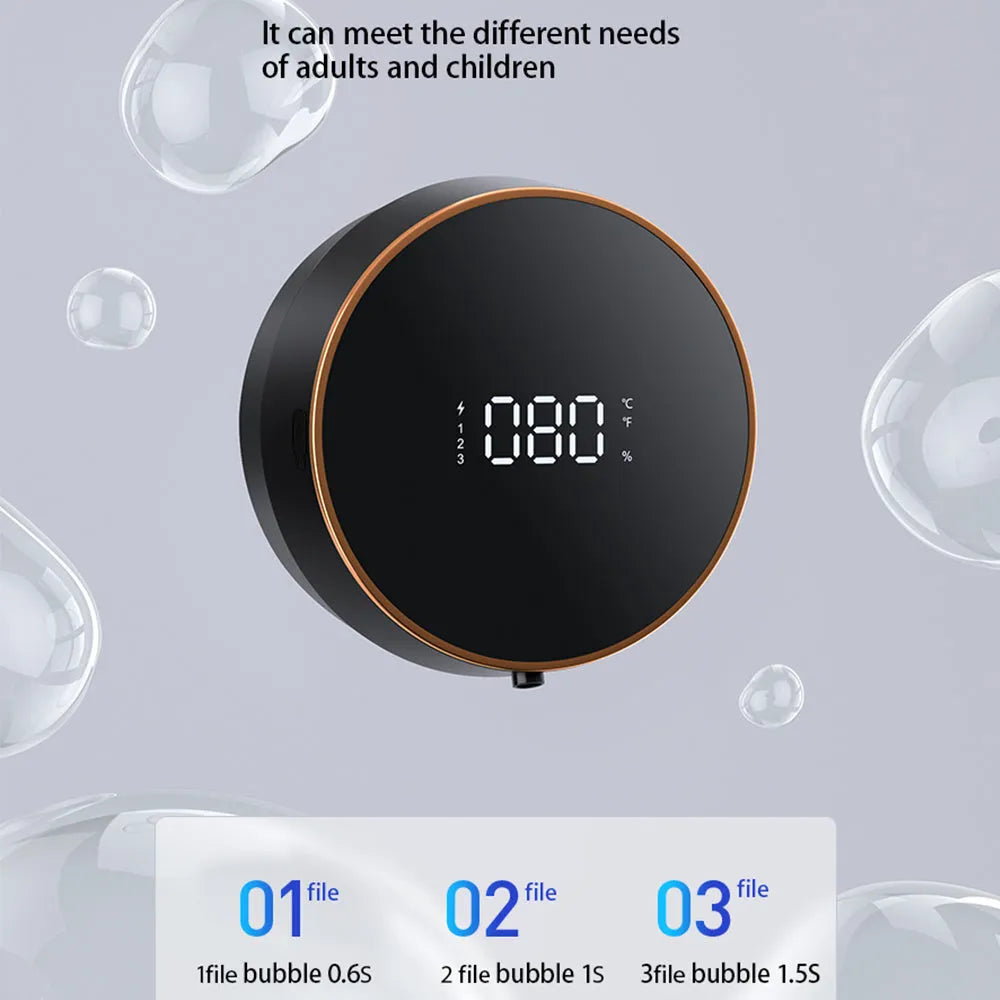 Black smart sensor foam soap dispenser mounted on a bathroom wall.