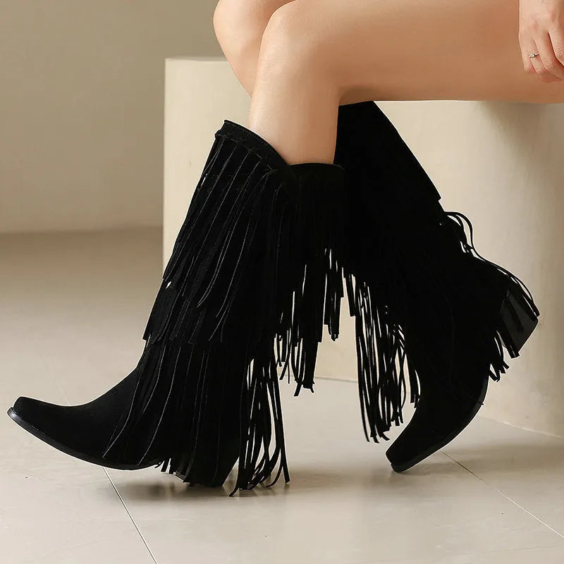 Women's suede high boots with tassel decoration and waterproof platform sole