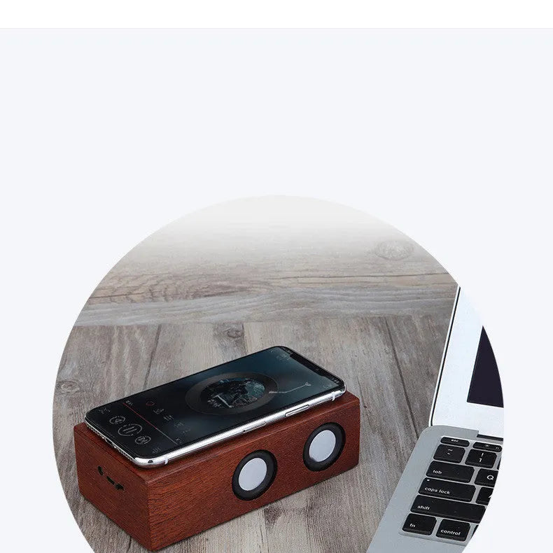 Retro wooden Bluetooth speaker showing natural wood grain in choice of bamboo, black walnut, or sapele finishes