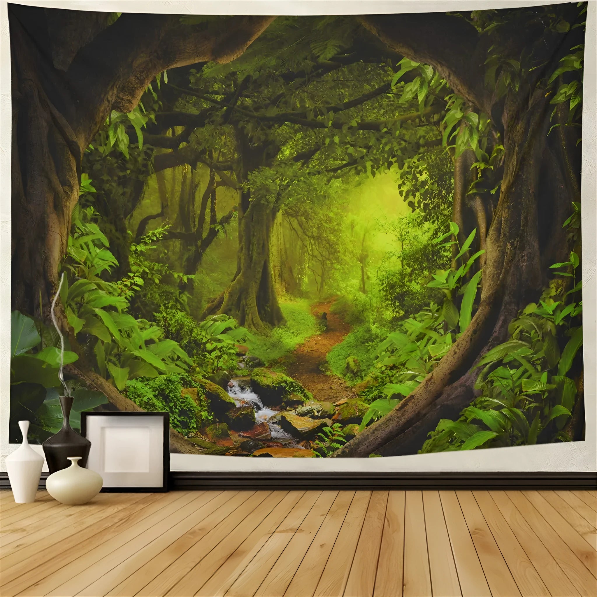 Large colourful mandala tapestry hanging on a wall, showcasing its use as bohemian home decor.