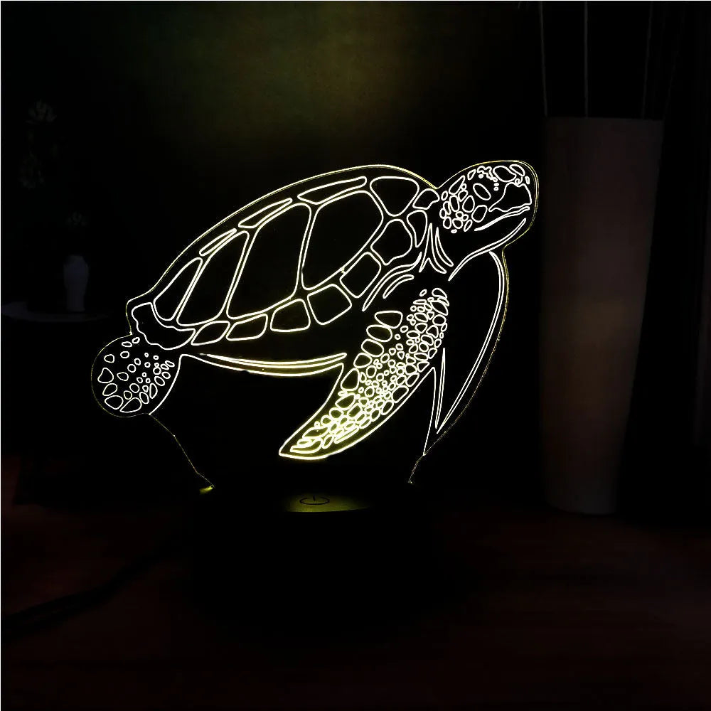 3D acrylic turtle LED night light showing 16 colour options with remote control