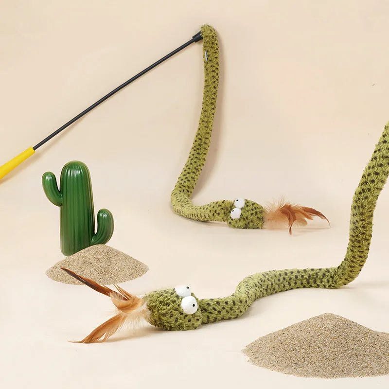 Green cat teasing stick with colourful feathers on 140cm pole for interactive cat play