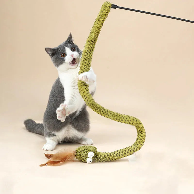 Green cat teasing stick with colourful feathers on 140cm pole for interactive cat play