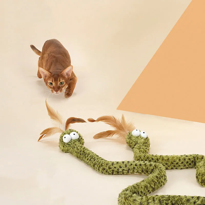 Green cat teasing stick with colourful feathers on 140cm pole for interactive cat play