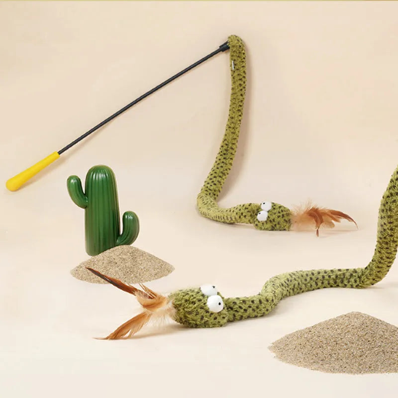 Green cat teasing stick with colourful feathers on 140cm pole for interactive cat play