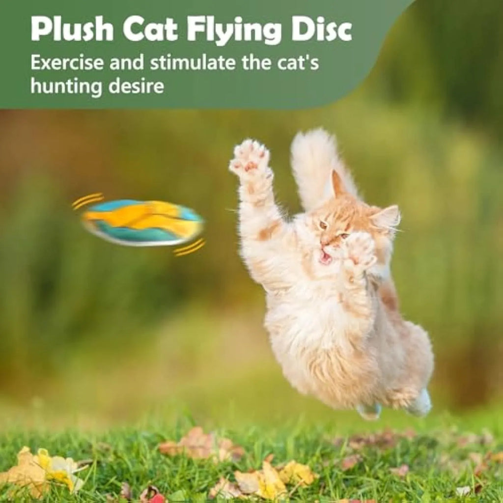Plush flying disc cat toy with sports ball pattern measuring 5x5x2cm