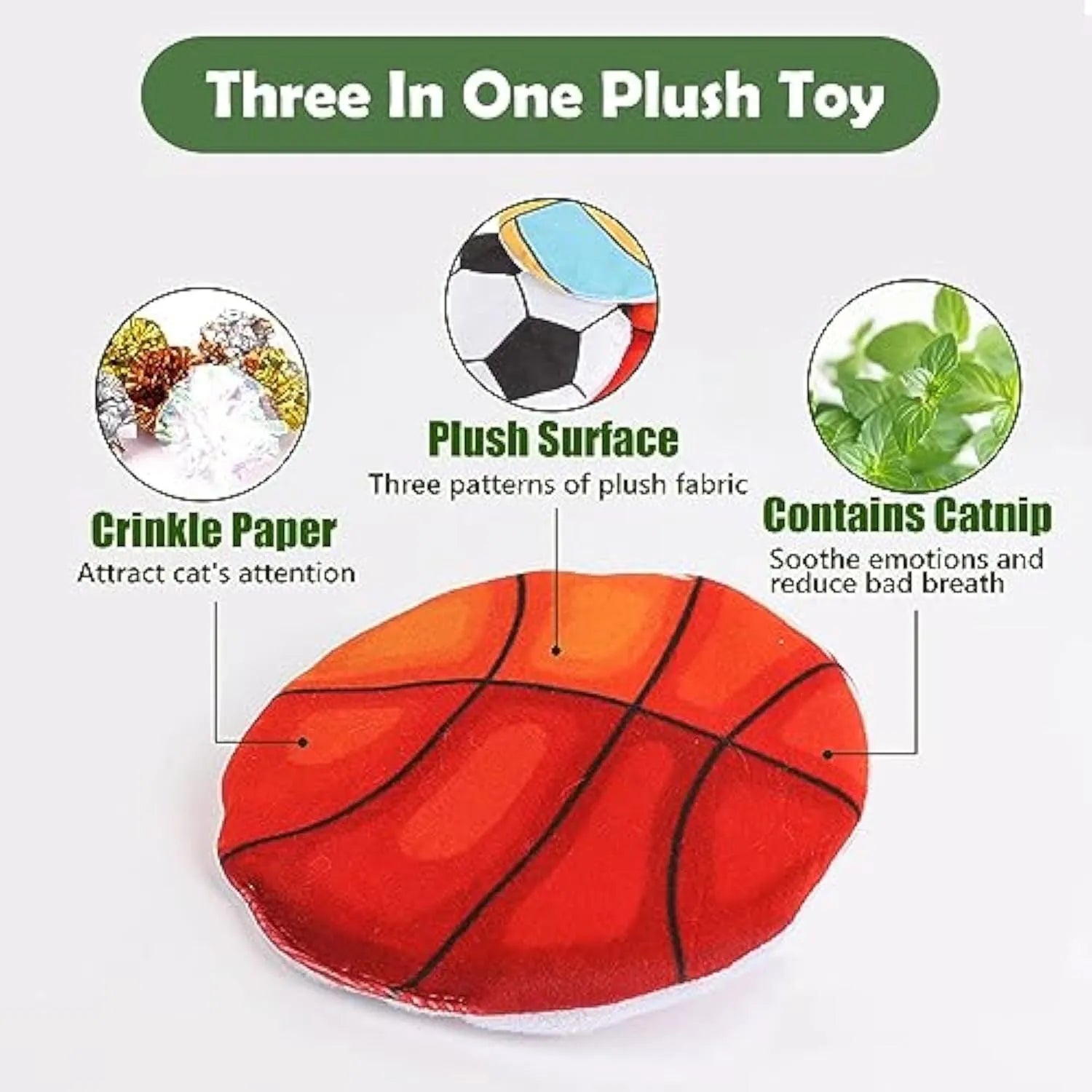 Plush flying disc cat toy with sports ball pattern measuring 5x5x2cm