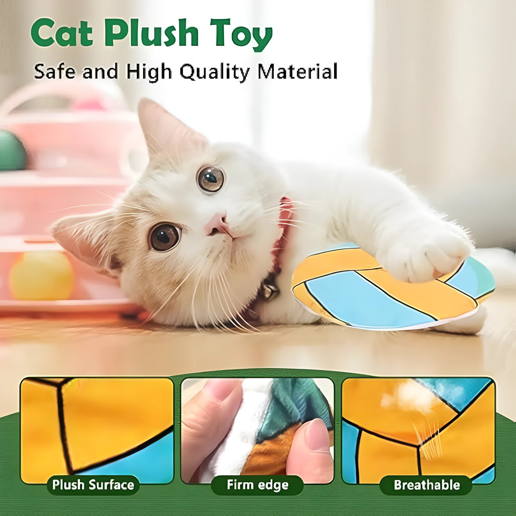 Plush flying disc cat toy with sports ball pattern measuring 5x5x2cm