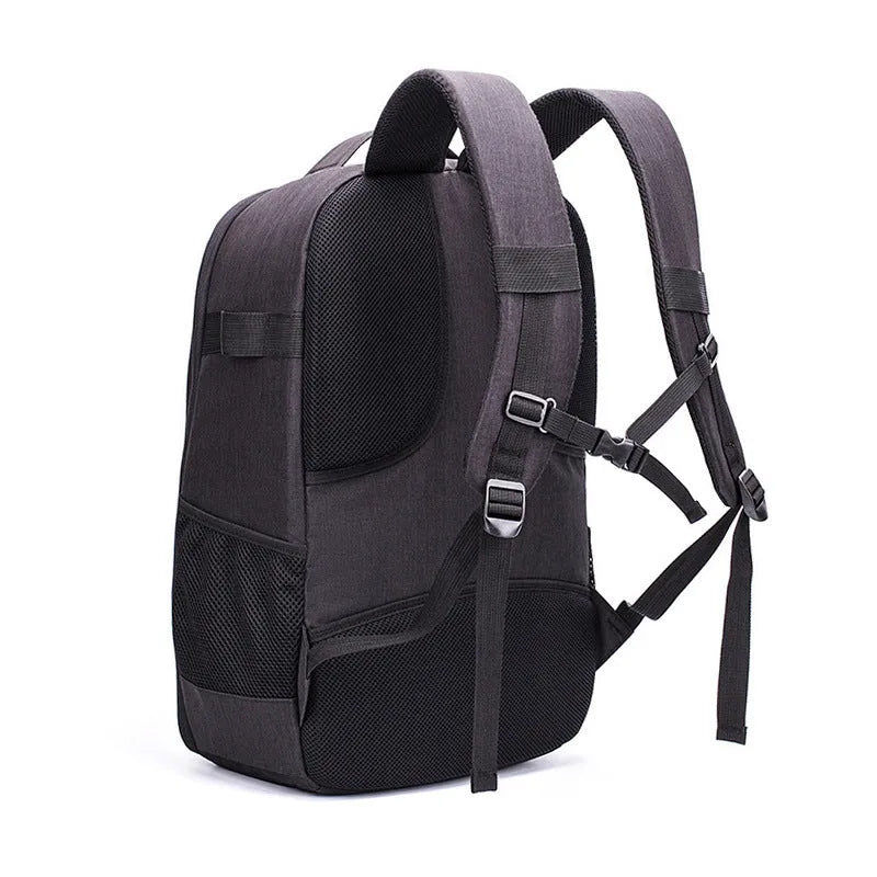 Black Oxford cloth drone backpack with multiple compartments for camera and equipment storage
