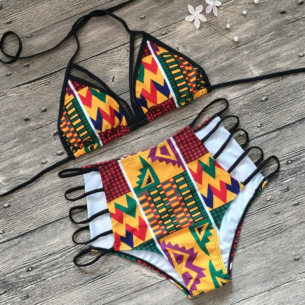 Women's high-waist bikini swimsuit with digital printing and backless design
