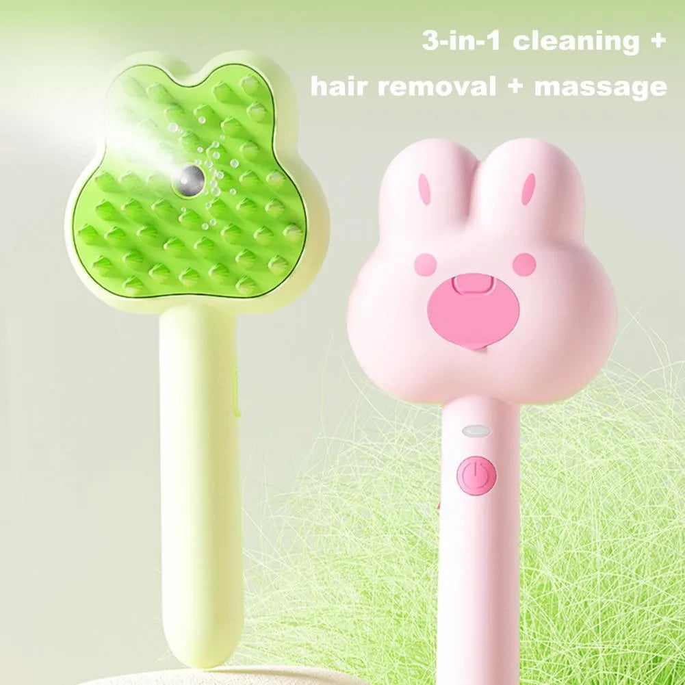 Rechargeable cat steam grooming brush with cartoon design in green colour