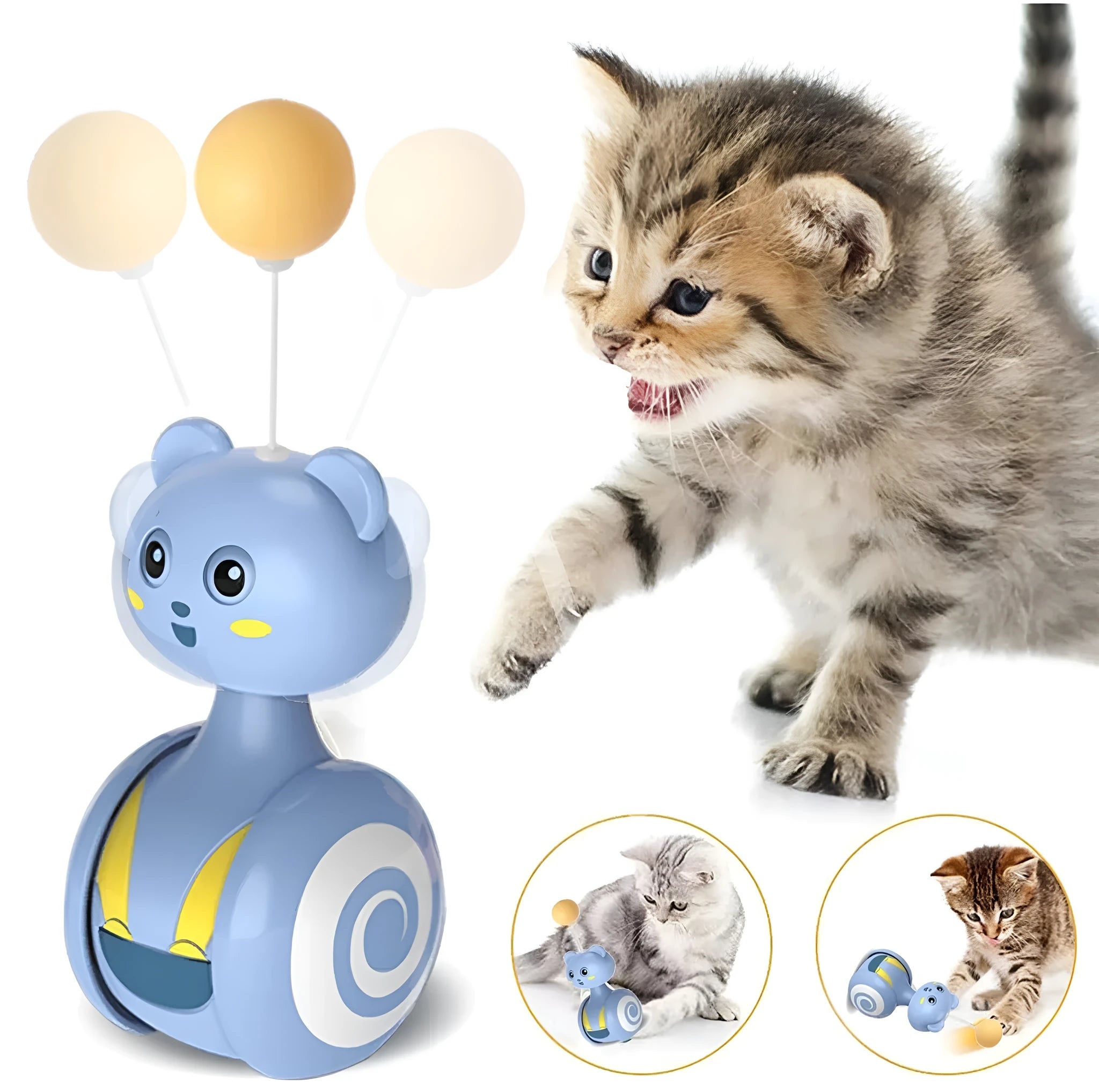 Cat interactive feather tumbler toy with rotating ball in pink or blue colour options