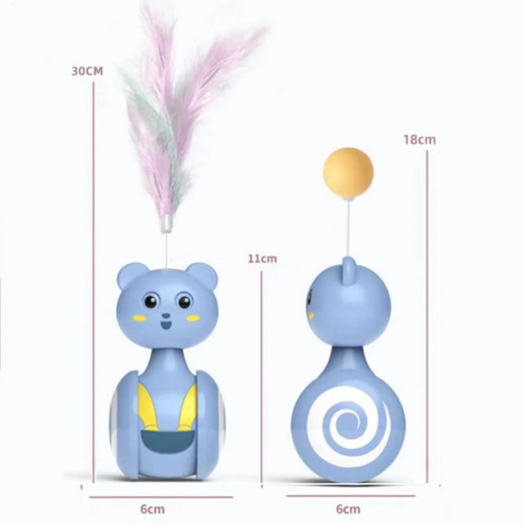 Cat interactive feather tumbler toy with rotating ball in pink or blue colour options