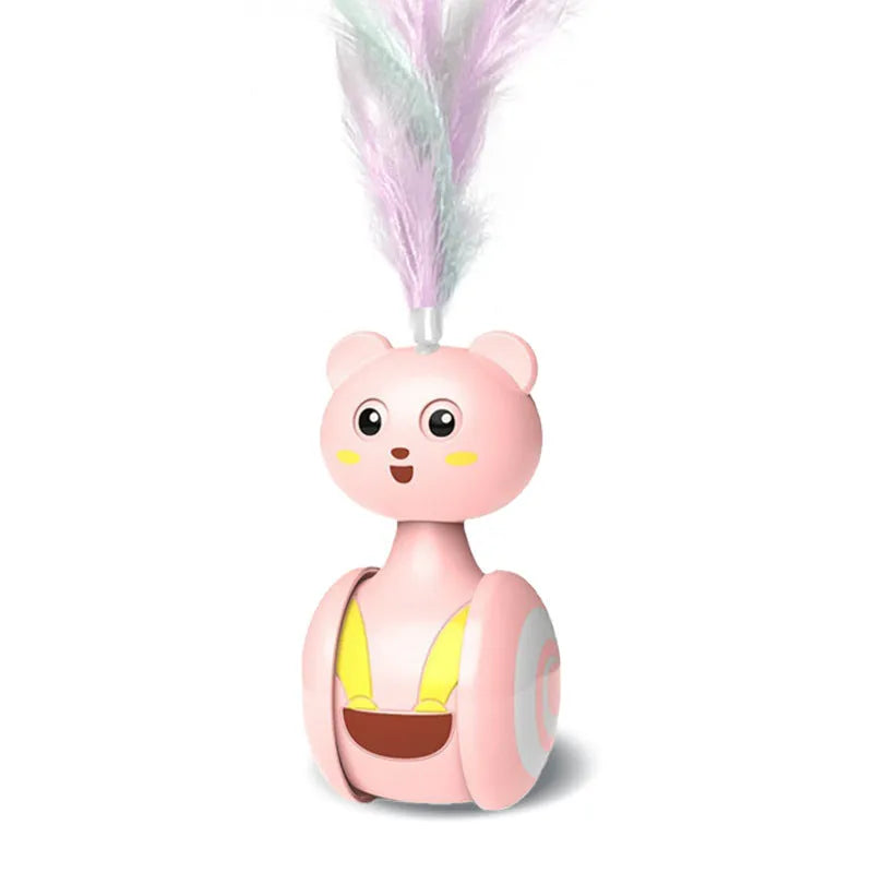Cat interactive feather tumbler toy with rotating ball in pink or blue colour options