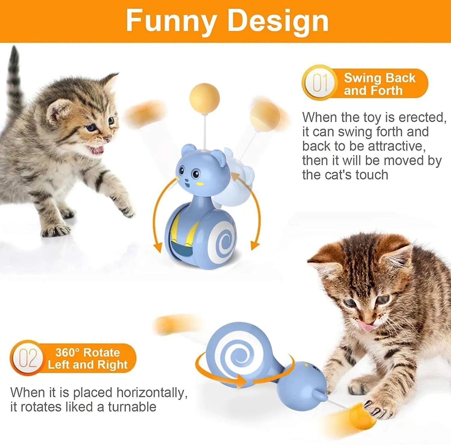 Cat interactive feather tumbler toy with rotating ball in pink or blue colour options