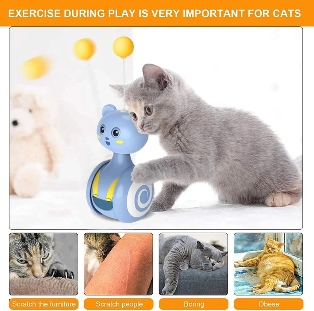 Cat interactive feather tumbler toy with rotating ball in pink or blue colour options
