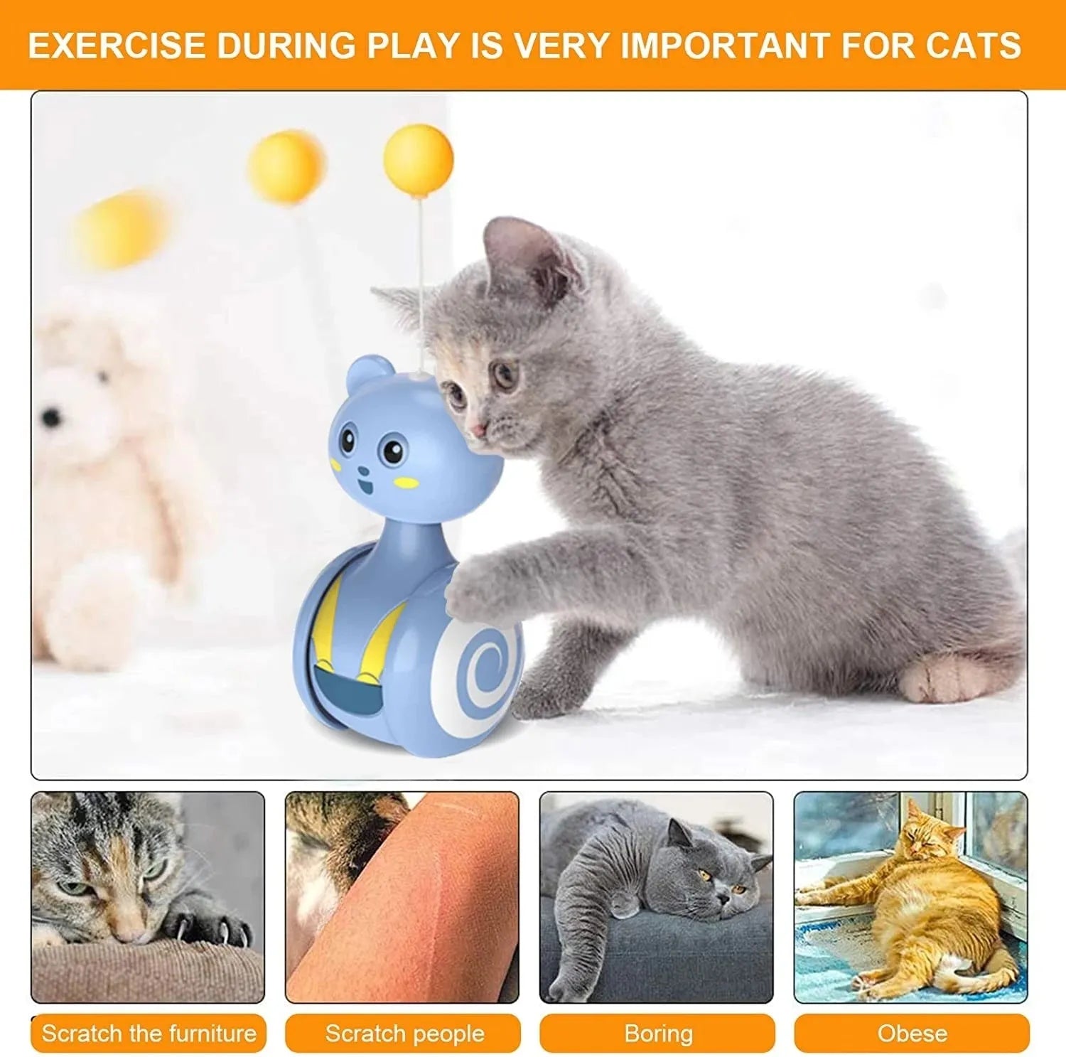 Cat interactive feather tumbler toy with rotating ball in pink or blue colour options
