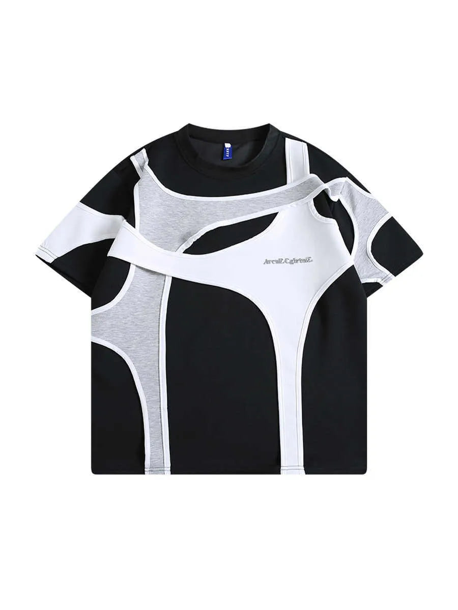 Black loose fit T-shirt with padded shoulders and a round neck on a white background