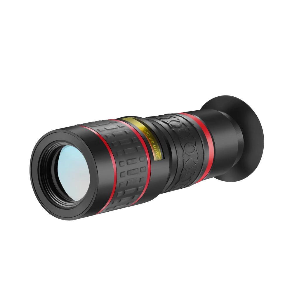 20x mobile phone telescope lens with plastic body, universal mounting clip, and single eye mask accessory