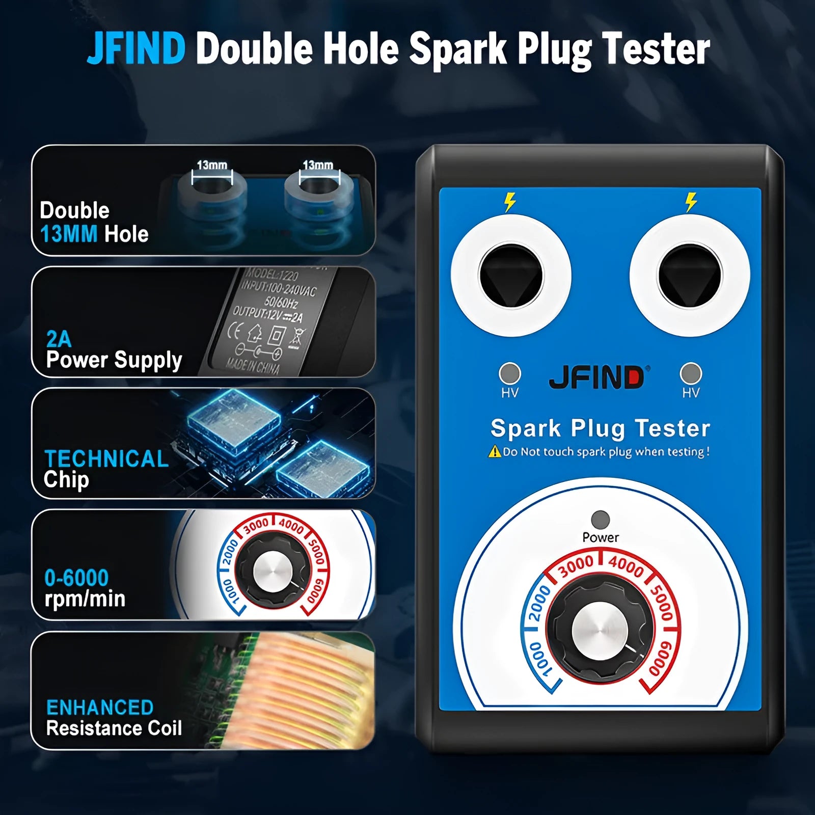 Car engine spark plug tester diagnostic tool showing dual-hole plug connectors.
