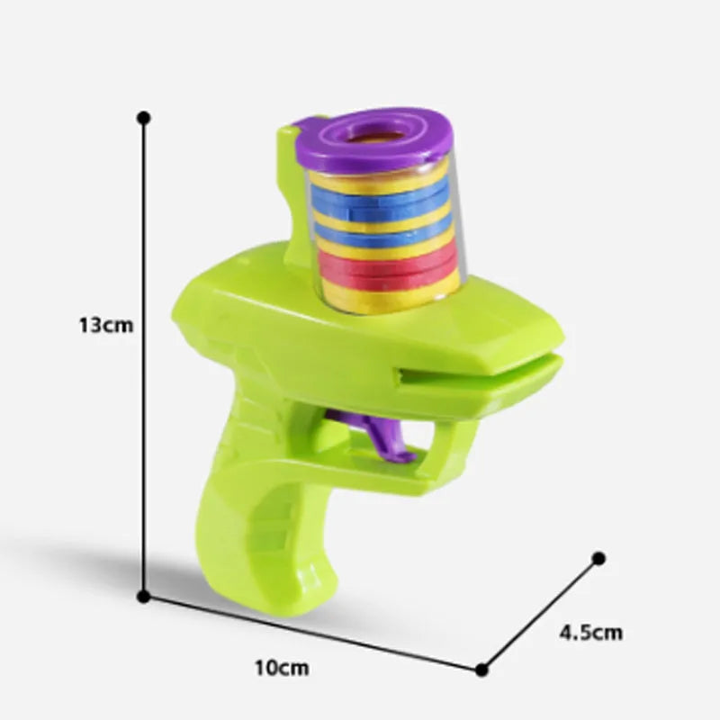 Manual cat toy launcher with foam discs in green and purple colour options for indoor feline play