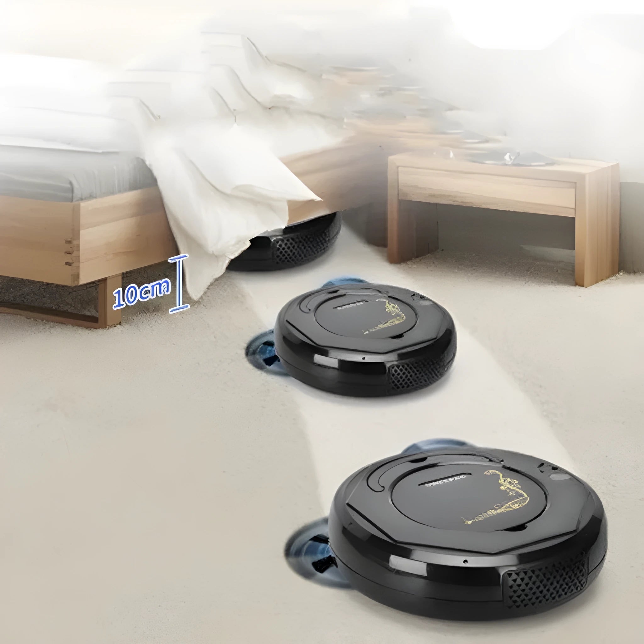 Lazy Smart robotic vacuum cleaner in blue, black, or white on a hard floor