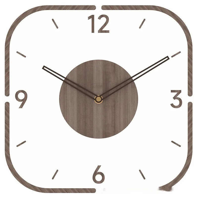 35cm square transparent wall clock with wooden frame in modern design